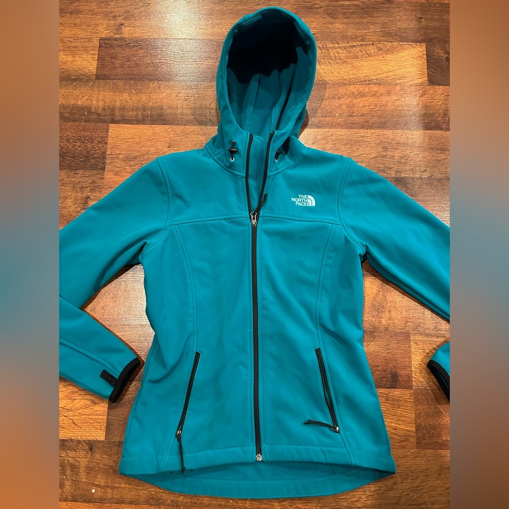 The North Face Women's Soft Shell Full Zip Jacket Size Small Teal Hood